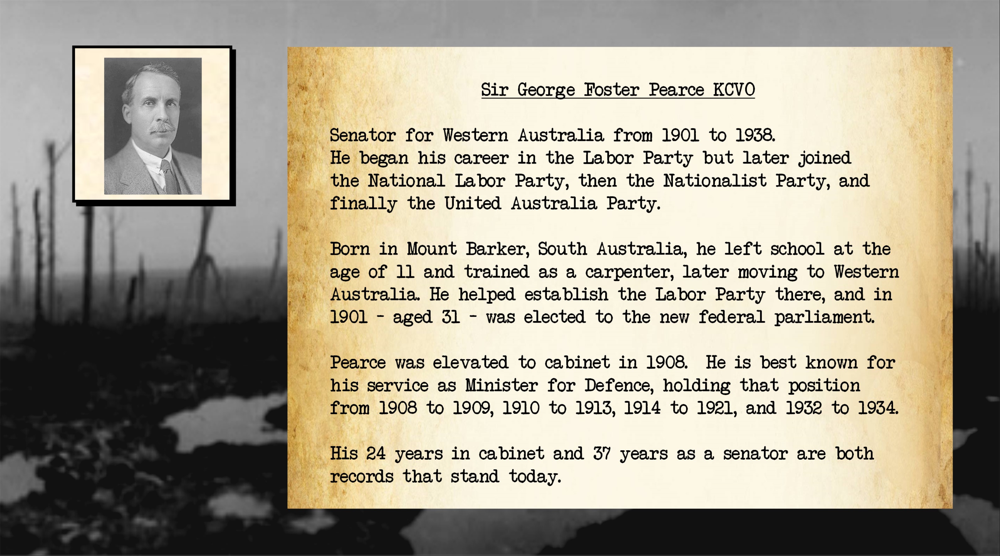 Information about Sir George Foster Pearce KCVO